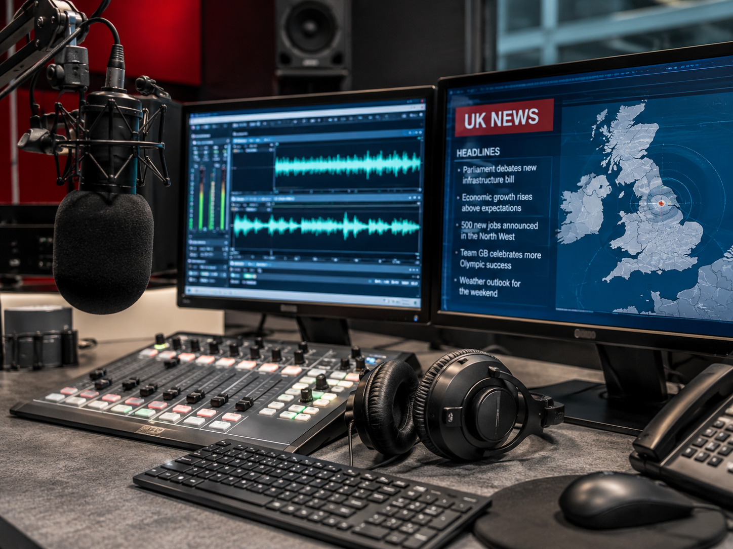 Radio news bulletin production studio